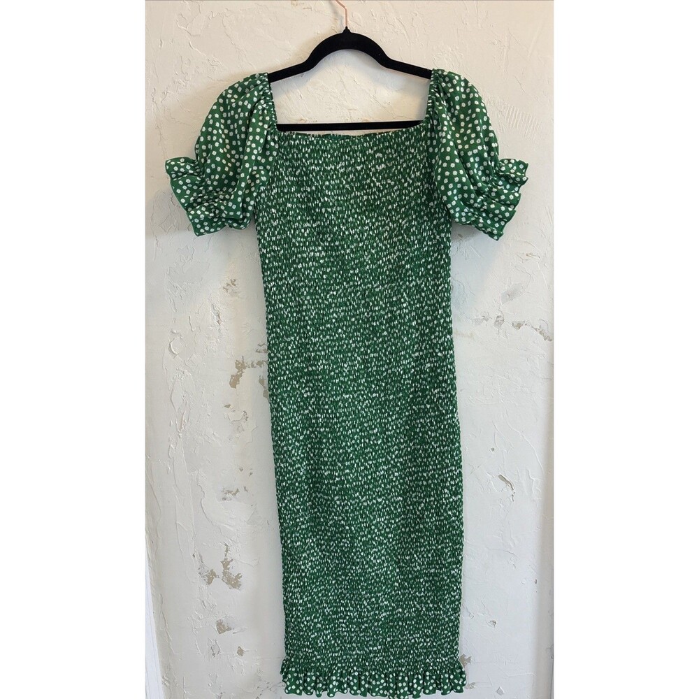 Womens M Green dainty White floral Midi Bodycon Smocked dress Cottagecore - Picture 3 of 7
